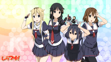 A vibrant HD wallpaper featuring Tsumugi Kotobuki, Azusa Nakano, Ritsu Tainaka, Yui Hirasawa, and Mio Akiyama from the anime K-ON!, showcasing their energetic fun and school spirit.