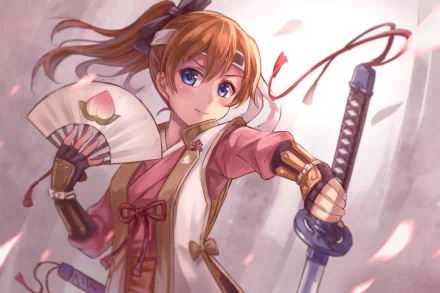 A vibrant HD wallpaper featuring Honoka Kousaka from the anime Love Live!, depicted in a dynamic pose with a fan and sword, surrounded by floating petals.