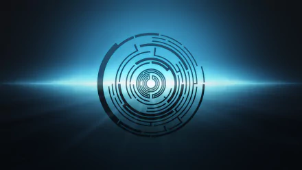 8K Ultra HD PC wallpaper featuring a glowing, futuristic pendulum design with circular, music-inspired patterns against a dark blue background.