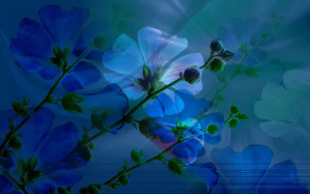 Artistic HD PC desktop wallpaper of blue spring flowers with leaves and stems on a soft blue background.