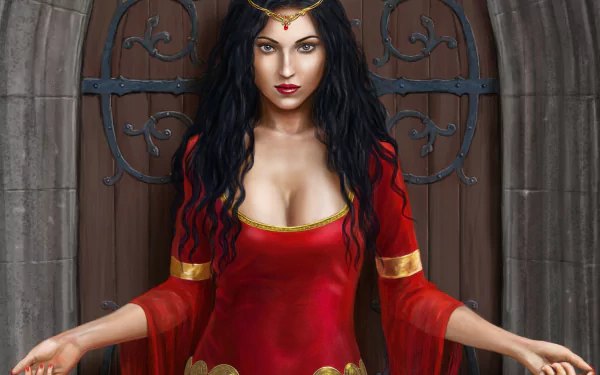 A fantasy woman with black hair, striking blue eyes, red lipstick, and gold jewelry wears a flowing red dress, standing confidently against a stone archway.