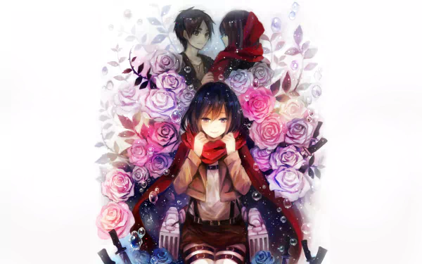 HD wallpaper featuring Eren Yeager and Mikasa Ackerman from the anime Attack on Titan, surrounded by vibrant roses and intricate floral designs.