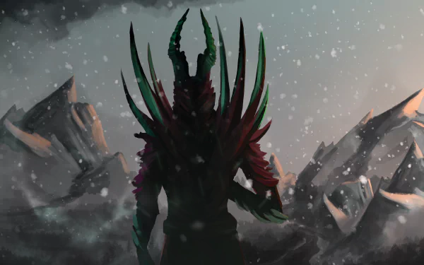 Terrorblade from DotA 2 stands amidst a snowy mountain landscape, silhouetted against a dark, stormy sky in this 4K Ultra HD video game wallpaper.