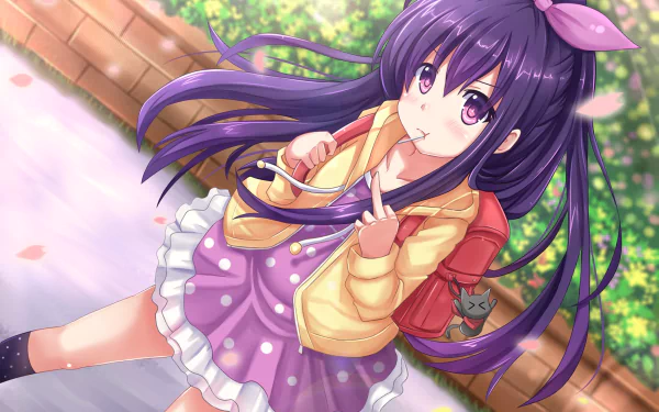 A vibrant HD desktop wallpaper featuring an anime character from Date A Live, dressed in a playful outfit, surrounded by a lush, blooming background.