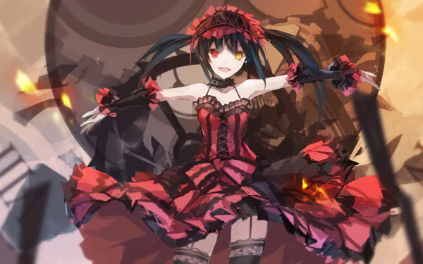 A striking HD anime wallpaper from Date A Live, featuring a character in a dramatic red dress with long dark hair, set against a dynamic, fiery background.