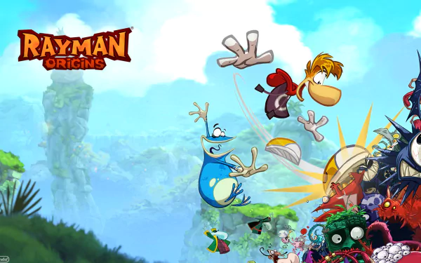 HD PC desktop wallpaper featuring vibrant characters from the video game Rayman Origins in a colorful, whimsical landscape.
