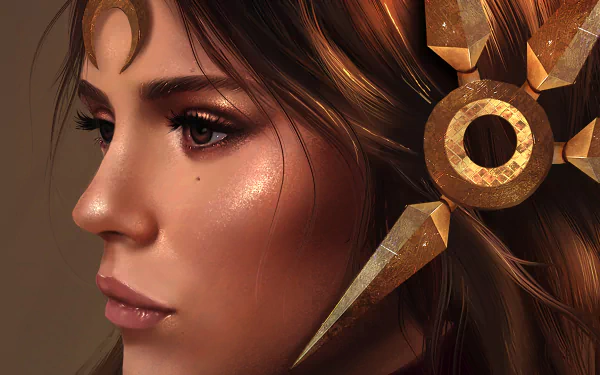 HD wallpaper featuring Leona from League of Legends, showcasing her detailed profile with intricate golden armor elements and a striking expression, perfect for gaming enthusiasts.