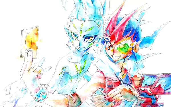 Anime Yu-Gi-Oh! Zexal HD PC desktop wallpaper background: vibrant watercolor of Yuma and Astral, Yuma grinning with duel disk and Astral holding a glowing card.