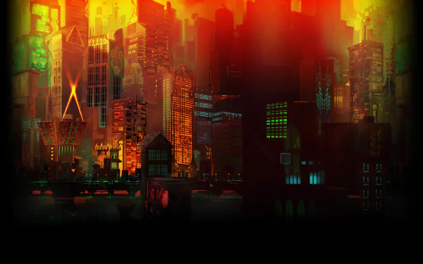 HD PC desktop wallpaper featuring a vibrant, futuristic cityscape from the video game Transistor, with glowing orange and red tones illuminating tall buildings.