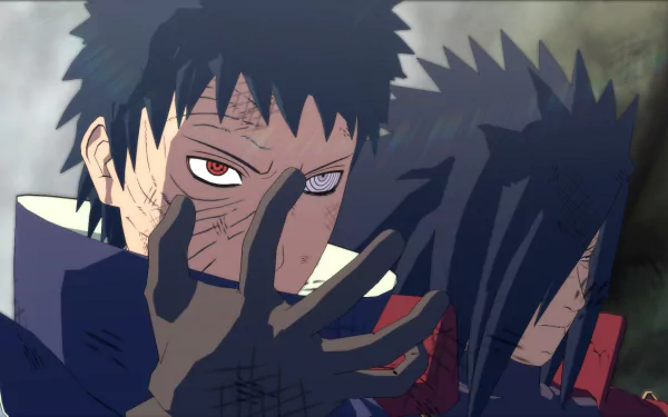 A dramatic HD wallpaper featuring Madara Uchiha and Obito Uchiha from the video game Naruto Shippuden: Ultimate Ninja Storm 4, showcasing their intense expressions and dynamic poses.