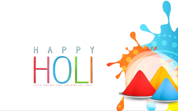 HD PC desktop wallpaper featuring vibrant colors and festive splashes celebrating the Holi holiday with the text Happy Holi and colorful powder cones.