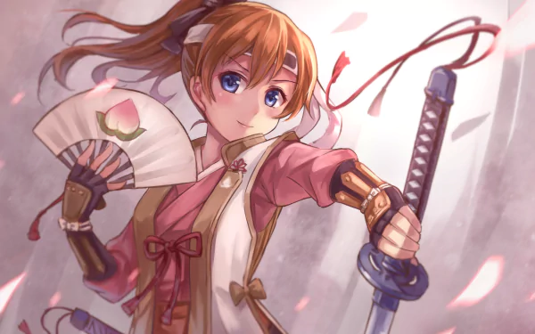A vibrant HD wallpaper featuring Honoka Kousaka from the anime Love Live!, depicted in a dynamic pose with a fan and sword, surrounded by floating petals.