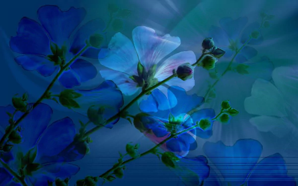 Artistic HD PC desktop wallpaper of blue spring flowers with leaves and stems on a soft blue background.