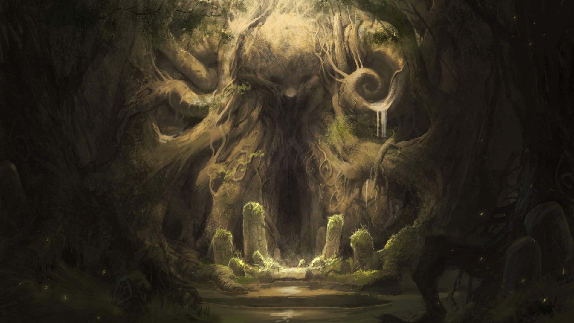 HD PC desktop wallpaper featuring a dark, eerie forest scene from the video game Castlevania: Lords of Shadow, highlighting a menacing skull-shaped tree formation.