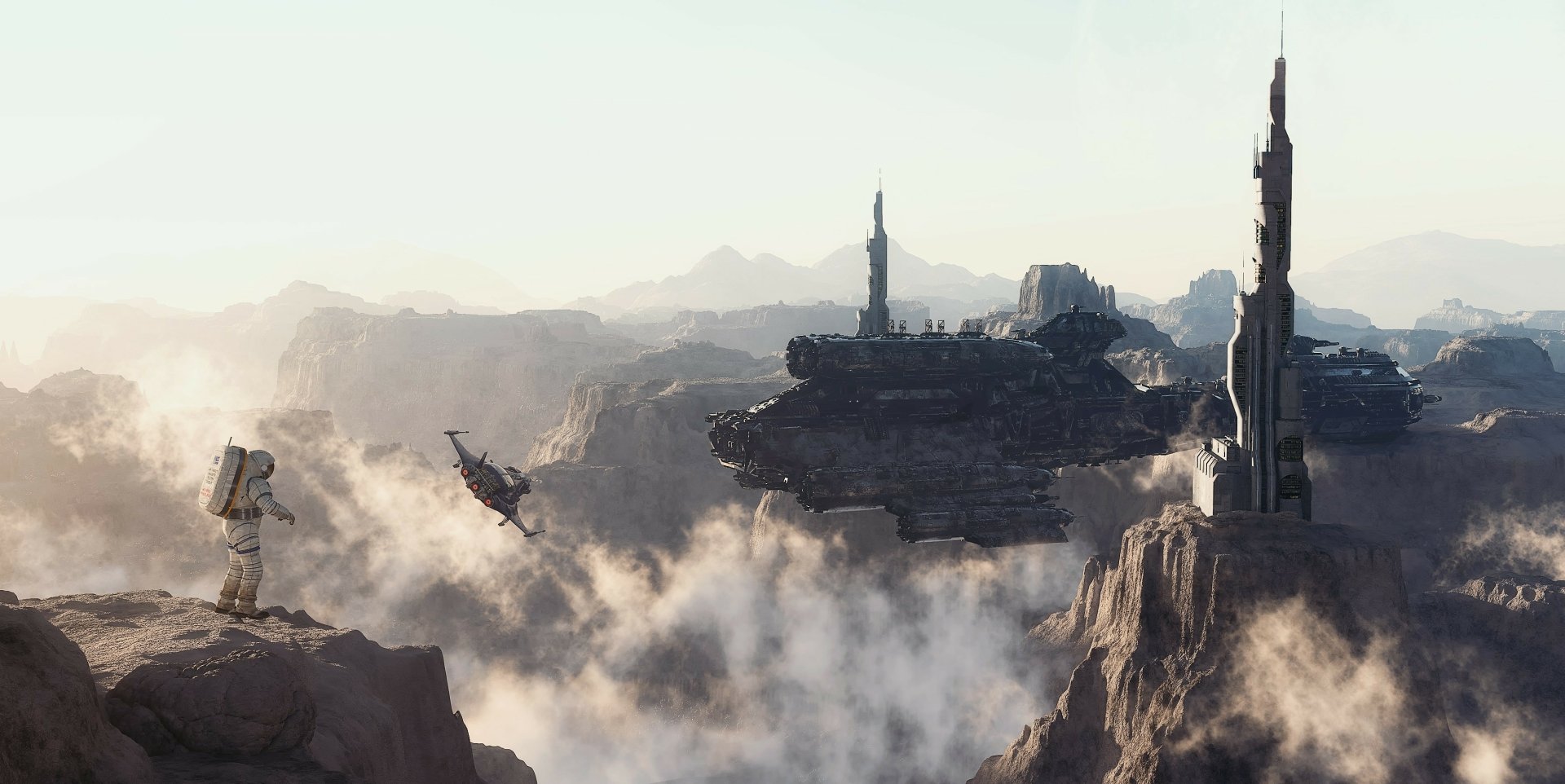 HD PC desktop wallpaper featuring a sci-fi landscape with a canyon, futuristic buildings, a spaceship, and an astronaut in a spacesuit overlooking the scene.