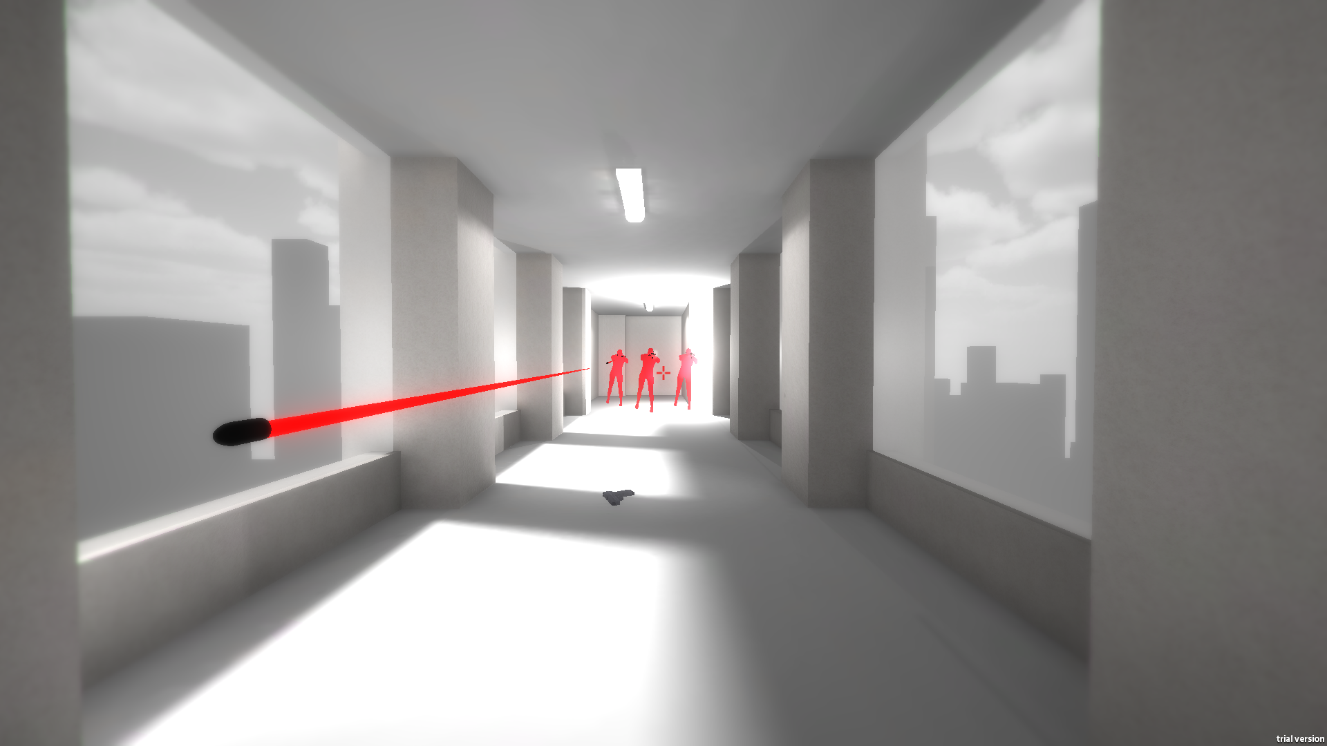 HD wallpaper featuring a corridor from the game SUPERHOT with red figures and a flying bullet.