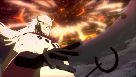 Madara Uchiha stands poised amidst explosive energy in this HD desktop wallpaper from the video game Naruto Shippuden: Ultimate Ninja Storm 4.