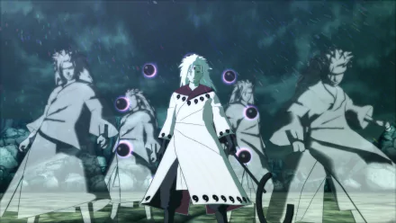 Madara Uchiha stands confidently amidst a dramatic scene from Naruto Shippuden: Ultimate Ninja Storm 4, showcasing his powerful presence with shadowy figures around him.