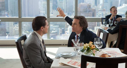 HD PC desktop wallpaper featuring Matthew McConaughey as Mark Hanna and Leonardo DiCaprio as Jordan Belfort in a scene from the movie The Wolf of Wall Street.