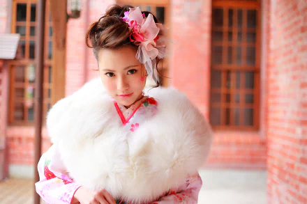 Portrait of a brunette Asian child model with brown eyes, dressed in traditional oriental costume with a fur wrap and floral bow, against a soft bokeh background.