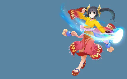 Onigiri (Video Game) black eyes black hair magic kimono twintails long hair video game HD Desktop Wallpaper | Background Image