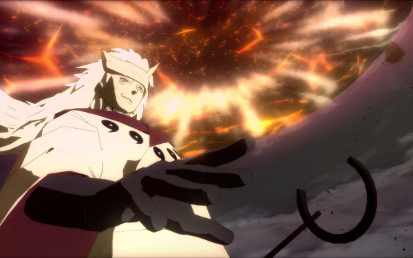 Madara Uchiha stands poised amidst explosive energy in this HD desktop wallpaper from the video game Naruto Shippuden: Ultimate Ninja Storm 4.