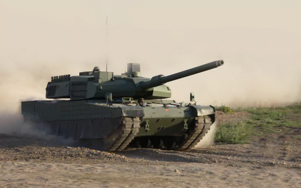 HD desktop wallpaper showing an Altay military tank moving across a dusty, open terrain.