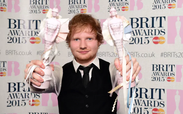 Red-haired English singer holding two BRIT Awards against a BRIT Awards backdrop — music-themed 4K Ultra HD PC desktop wallpaper.
