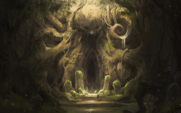 HD PC desktop wallpaper featuring a dark, eerie forest scene from the video game Castlevania: Lords of Shadow, highlighting a menacing skull-shaped tree formation.