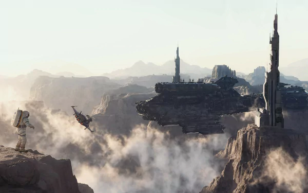 HD PC desktop wallpaper featuring a sci-fi landscape with a canyon, futuristic buildings, a spaceship, and an astronaut in a spacesuit overlooking the scene.