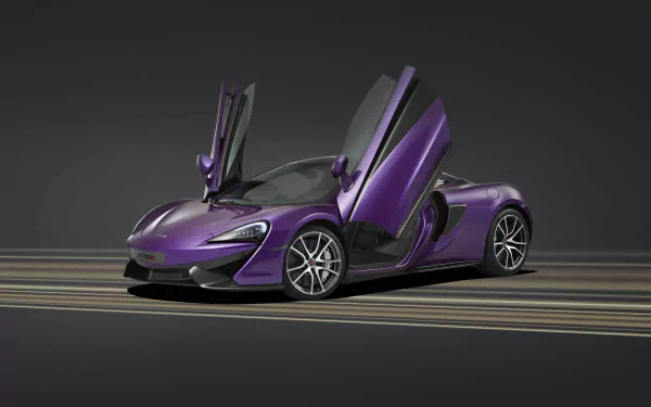 Purple McLaren 570S supercar with butterfly doors open, showcased as a 4K Ultra HD desktop wallpaper and background.