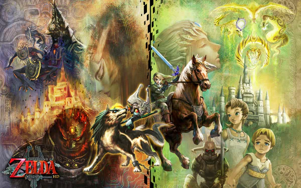 HD desktop wallpaper of The Legend of Zelda: Twilight Princess featuring key artwork with Link, Epona, and other characters.
