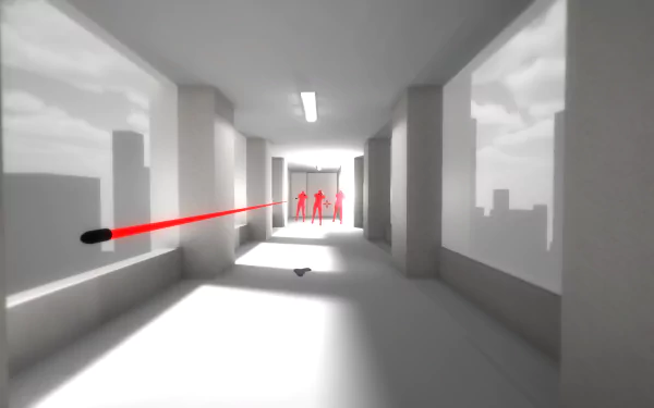 HD wallpaper featuring a corridor from the game SUPERHOT with red figures and a flying bullet.