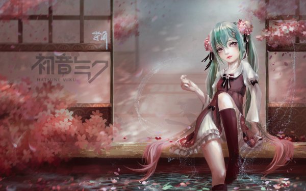 Anime Vocaloid Hatsune Miku Long Hair Blue Hair Twintails Pink Eyes Flower Cherry Blossom Blossom Petal HD Wallpaper | Background Image