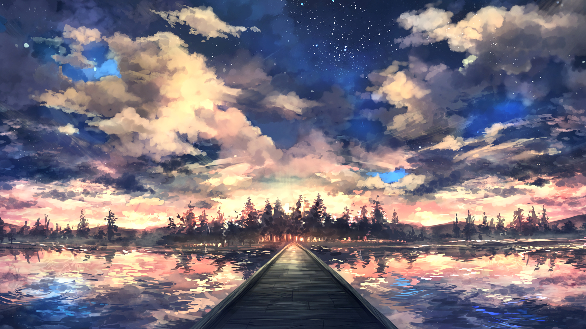 Download Lake Pier Reflection Walkway Cloud Sky Artistic Landscape HD