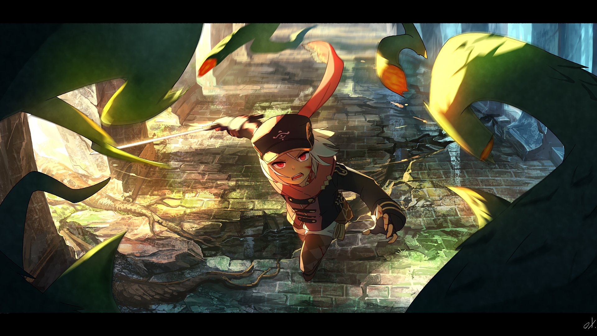 A warrior woman with white short hair and red eyes wields a sword while wearing a hat, surrounded by vibrant, twisting plants in this dynamic anime-inspired HD wallpaper.