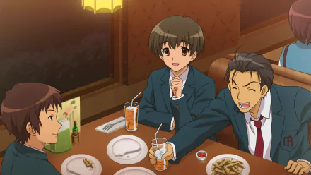 HD PC wallpaper of Kyon, Taniguchi and Kunikida from The Melancholy of Haruhi Suzumiya sharing drinks and laughter at a cozy restaurant table.