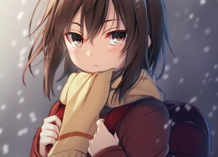 HD desktop wallpaper of Kayo Hinazuki from the anime Erased, featuring her in the snow with a pensive expression, wrapped in a warm scarf.