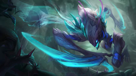 Kha'Zix from League of Legends emerges in a dark, mystical setting with glowing blue accents, creating a striking HD desktop wallpaper for fans of the game.