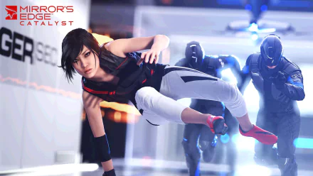 HD wallpaper featuring Faith Connors from the video game Mirror's Edge Catalyst, showcasing her dynamic leap as she evades enemies in a futuristic setting.
