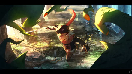 A warrior woman with white short hair and red eyes wields a sword while wearing a hat, surrounded by vibrant, twisting plants in this dynamic anime-inspired HD wallpaper.