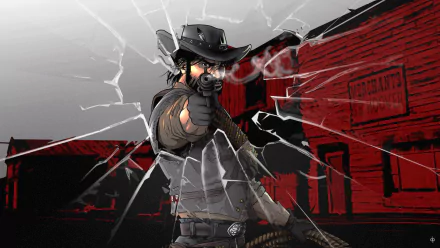 HD PC wallpaper featuring John Marston, the cowboy from Red Dead Redemption, aiming a gun through shattered glass with a red and black backdrop.