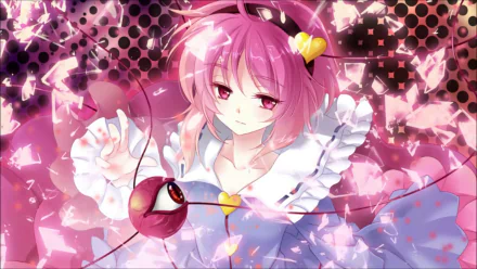 2K Quad HD PC wallpaper of anime Touhou character Satori Komeiji: short pink hair, pink eyes, ruffled dress with heart motif, floating amid glowing pink shards.