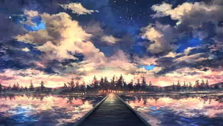 HD artistic landscape wallpaper of a serene lake with a wooden pier walkway extending into calm waters, reflecting a dramatic sky filled with clouds and stars.