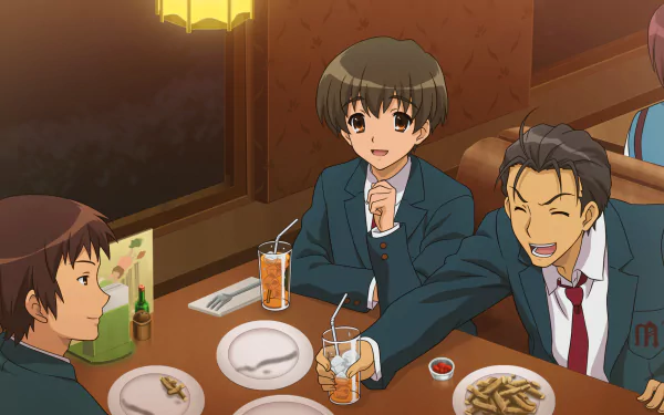 HD PC wallpaper of Kyon, Taniguchi and Kunikida from The Melancholy of Haruhi Suzumiya sharing drinks and laughter at a cozy restaurant table.