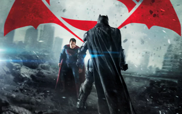 HD desktop wallpaper featuring Superman and Batman facing off amidst a battle-torn city, with a stylized Batman V Superman: Dawn of Justice logo overhead.