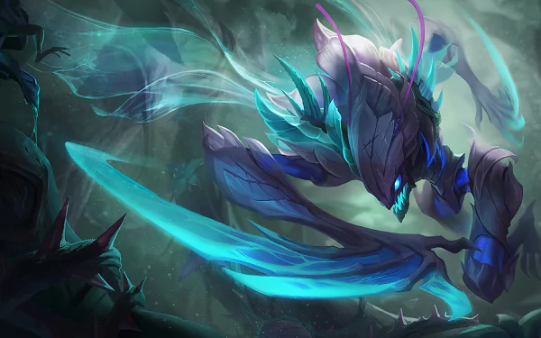 Kha'Zix from League of Legends emerges in a dark, mystical setting with glowing blue accents, creating a striking HD desktop wallpaper for fans of the game.