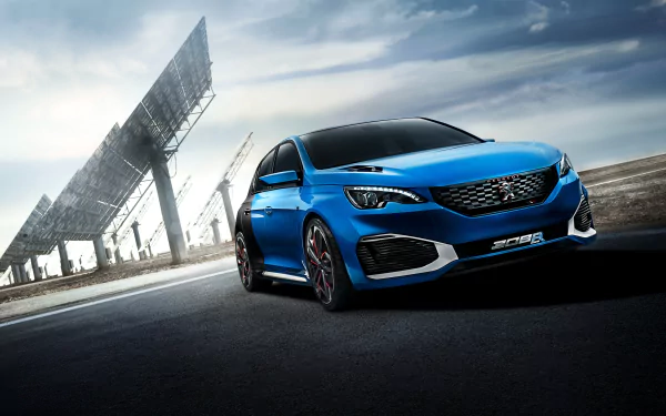 Blue Peugeot 308 R compact car (Peugeot 308) on an open road beneath dramatic clouds — 2K Quad HD PC desktop wallpaper of a Peugeot vehicle.