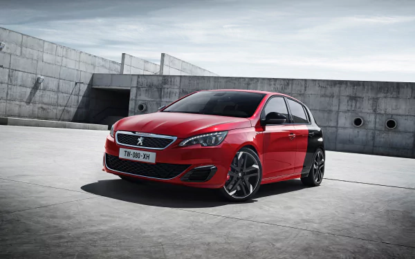 Red Peugeot 308 GTI compact car parked against a concrete backdrop, high-detail 2K Quad HD PC desktop wallpaper/background.