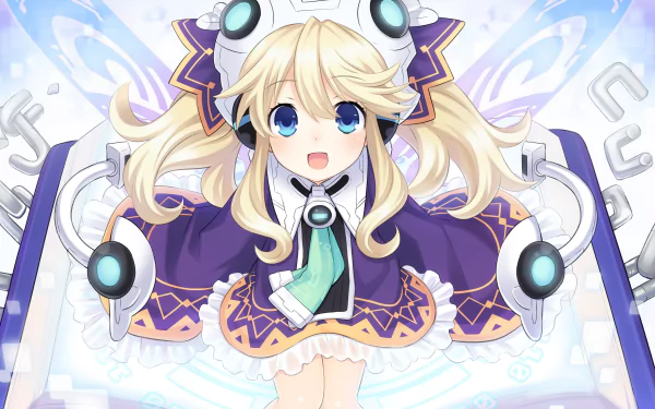 Histoire from Hyperdimension Neptunia Victory is depicted with long blonde hair and blue eyes, smiling cheerfully against a colorful background, showcasing vibrant 4K Ultra HD details.